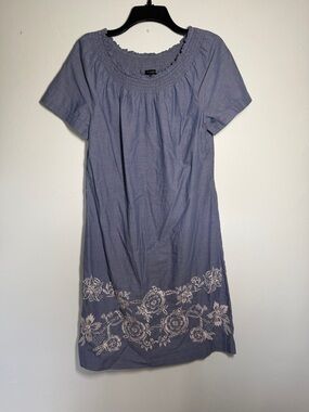 Talbots Chambray Blue Embroidered Midi Dress Smocked Neckline